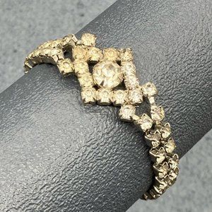 Vintage Rhinestone Diamond Bracelet 7 In Silver Double Row Snap Bling Glam Retro